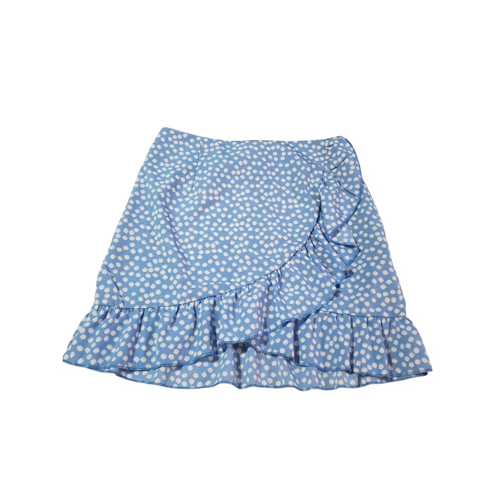 Shein Womens Mini Casual Wrap Skirt Blue White Small Floral Ruffled Summer
